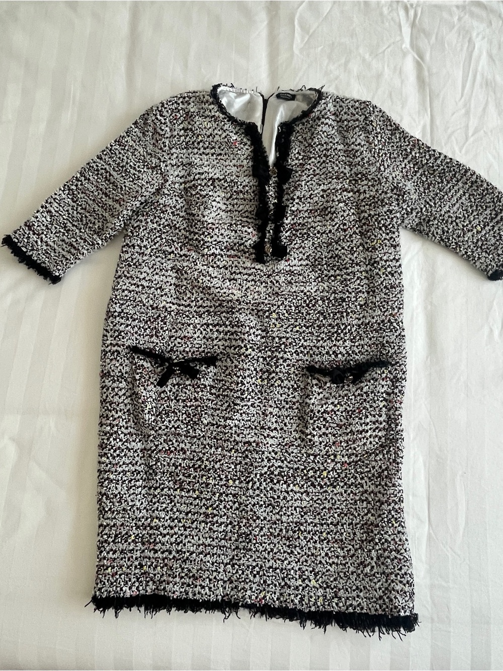Classic Black & White Tweed Shift Dress with Fringe Trim size Large